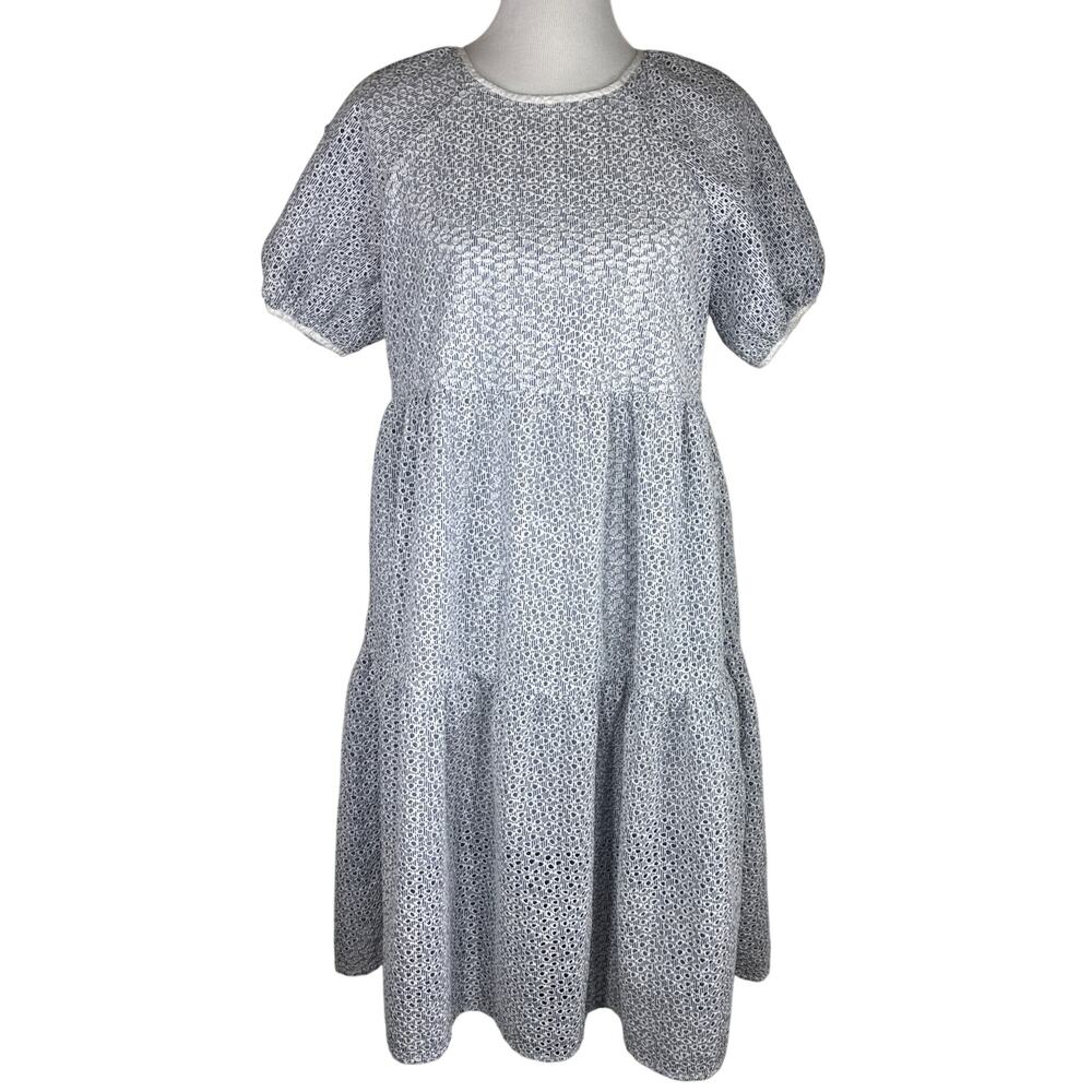 Everlane Tiered Eyelet Dress, Blue, White, Size Small